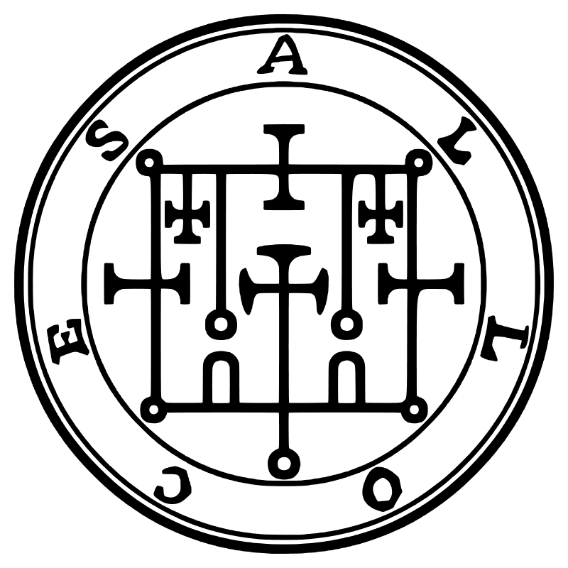 The seal of Alloces from the 1904 Goetia, a circular sigil drawn in black lines inside a double ring