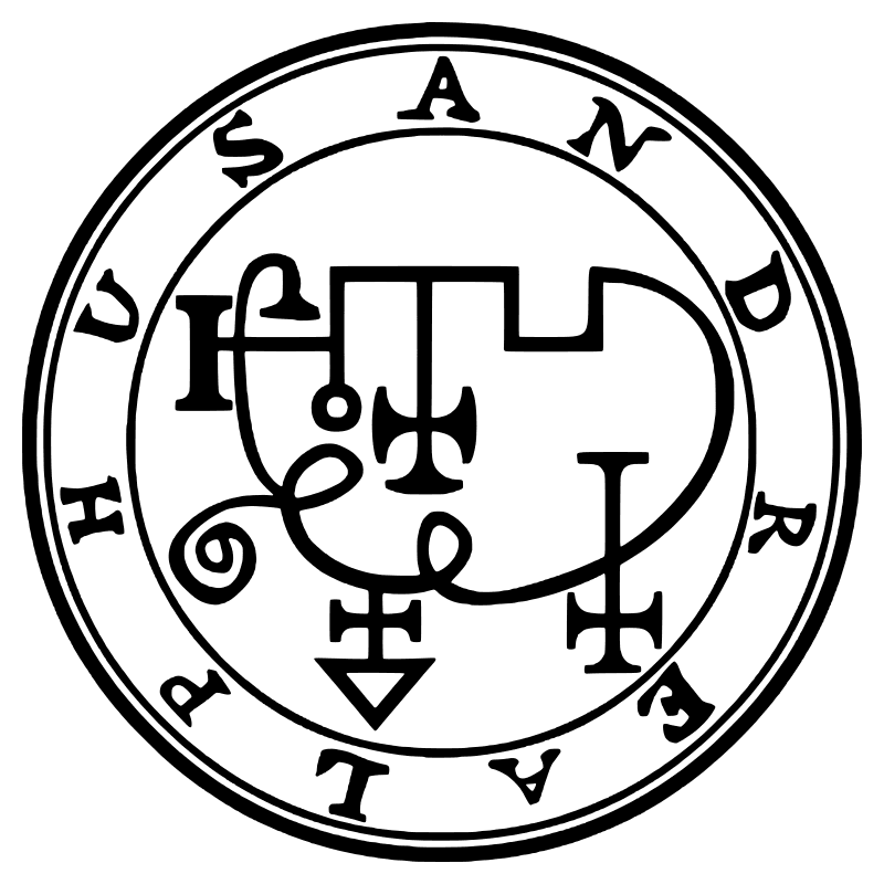 The seal of Andrealphus from the 1904 Goetia, a circular sigil drawn in black lines inside a double ring