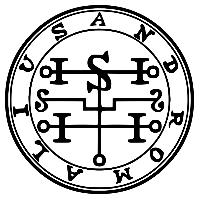 The seal of Andromalius from the 1904 Goetia, a circular sigil drawn in black lines inside a double ring