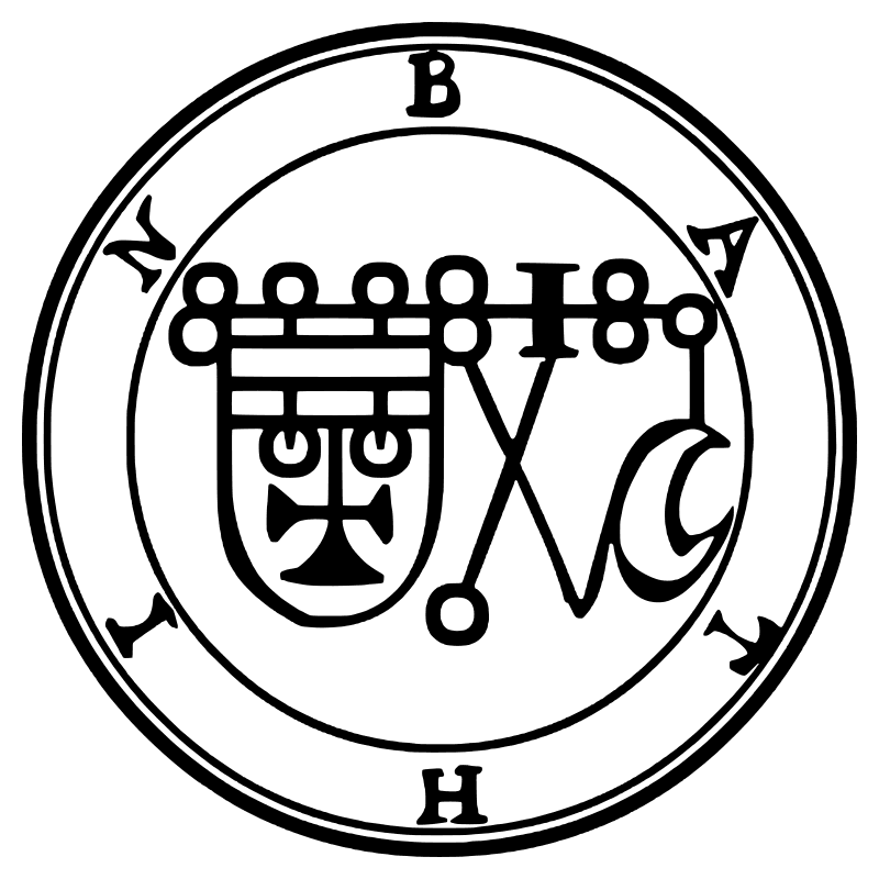 The seal of Bathin from the 1904 Goetia, a circular sigil drawn in black lines inside a double ring
