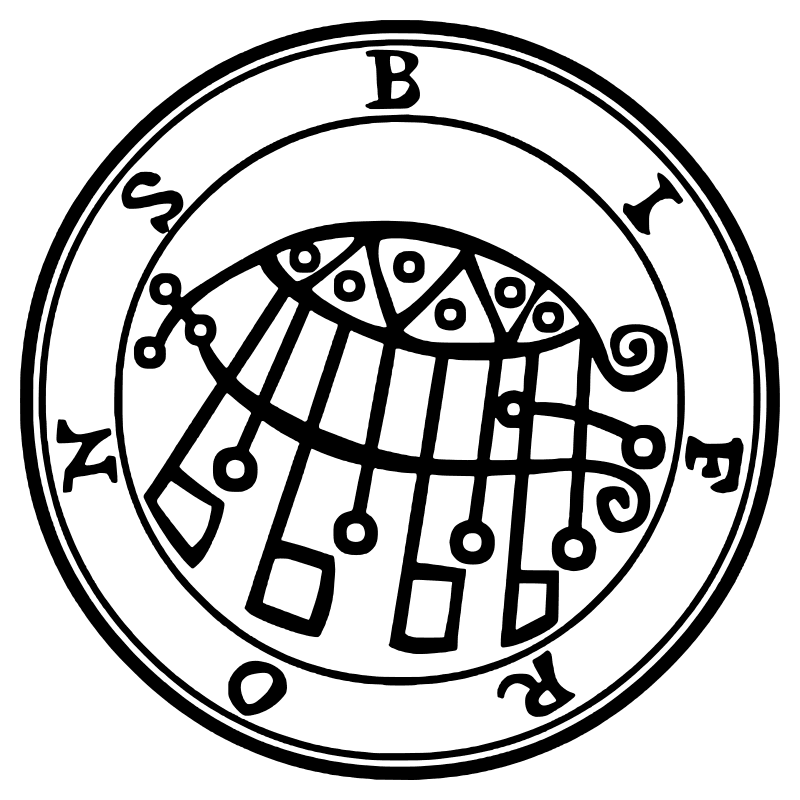 The seal of Bifrons from the 1904 Goetia, a circular sigil drawn in black lines inside a double ring