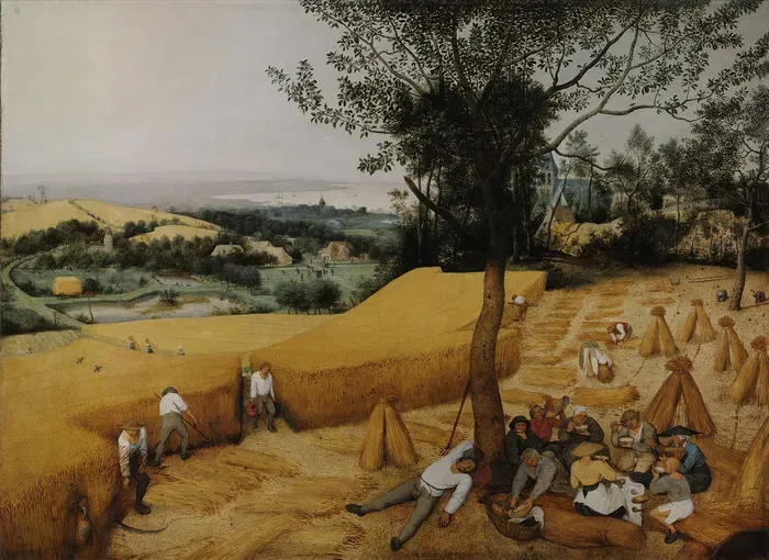 Peasants harvesting golden wheat and resting under a tree on a summer day