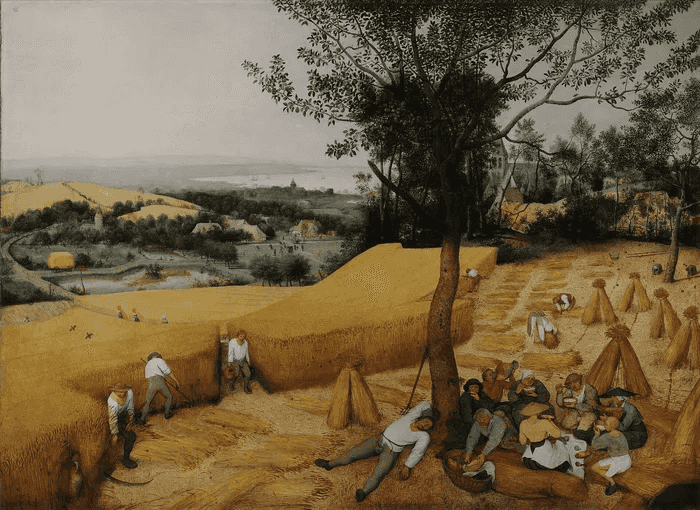 The Harvesters by Pieter Bruegel the Elder, 1565: farm workers cut and stack golden wheat, while others rest and eat under a pear tree