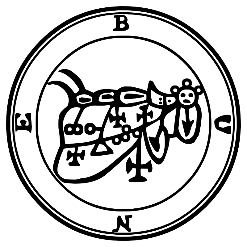 The seal of Bune from the 1904 Goetia, a circular sigil drawn in black lines inside a double ring