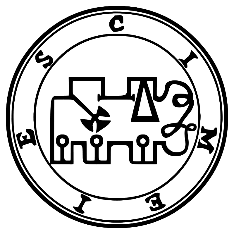 The seal of Cimejes from the 1904 Goetia, a circular sigil drawn in black lines inside a double ring