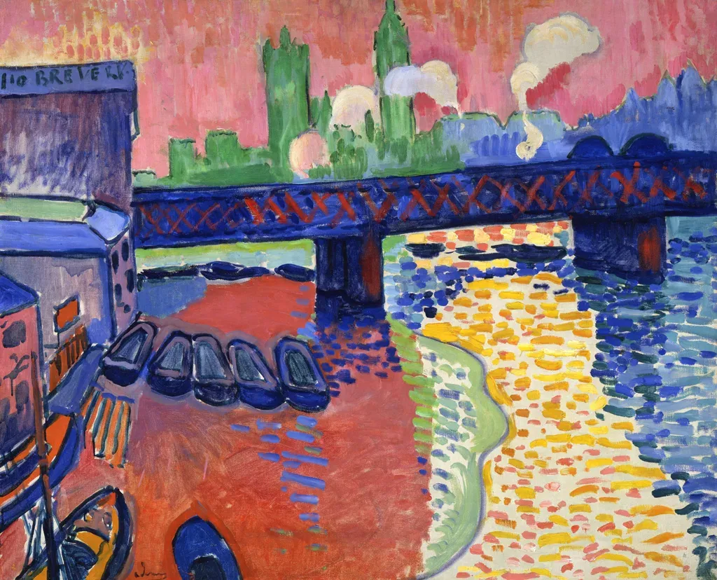 A London bridge over the Thames in blazing blue, orange and green, with Parliament behind