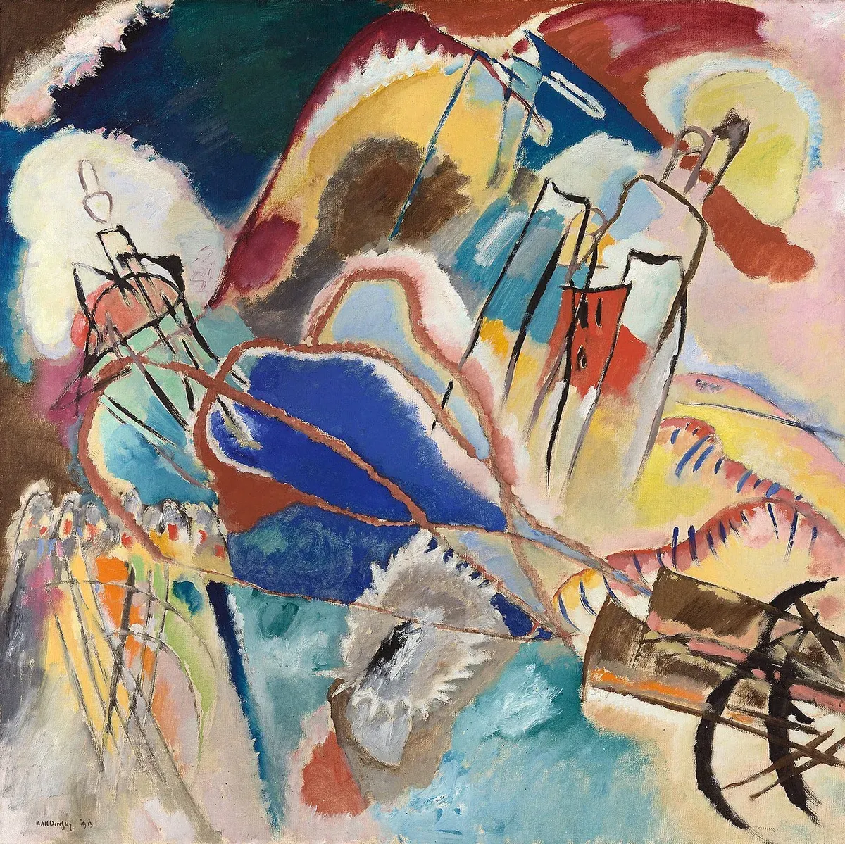 A storm of red, blue and black color with two small cannons at the lower right