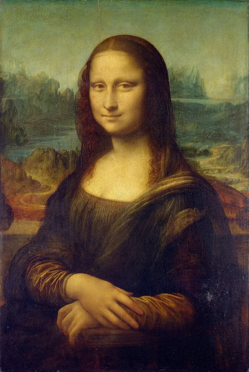 The Mona Lisa: a seated woman with folded hands and a faint smile before a hazy landscape
