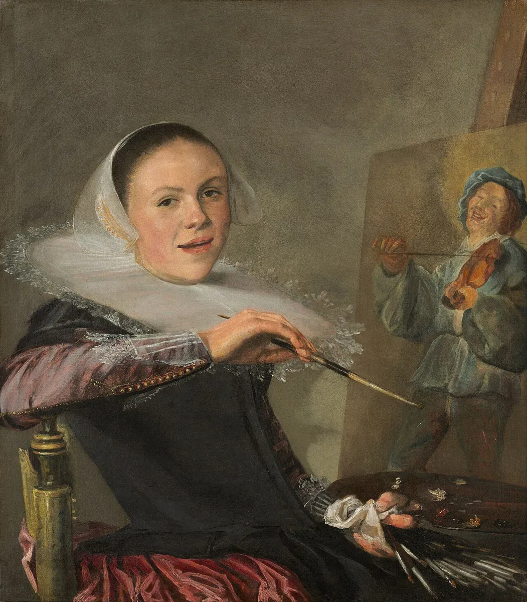 A smiling woman in a lace collar turns from her easel, brush in hand, toward the viewer