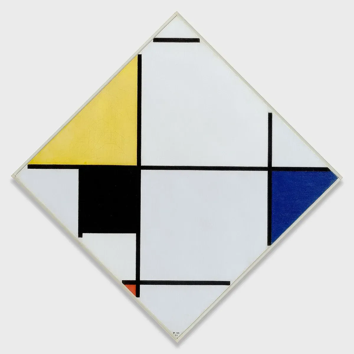 A diamond-shaped canvas divided by black lines into planes of yellow, black and blue