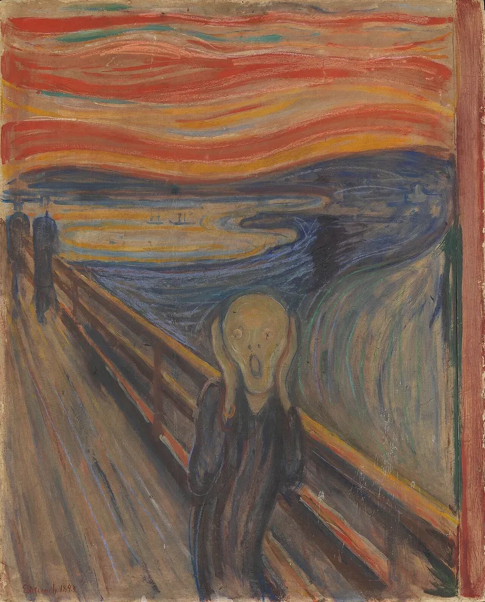 A figure clutching its head on a bridge under a swirling red and orange sky