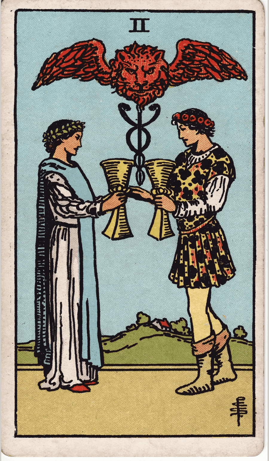 The Two of Cups from the 1909 Rider-Waite-Smith deck: a young man and young woman face each other and exchange cups, with a winged lion head above a staff entwined by two snakes floating between them