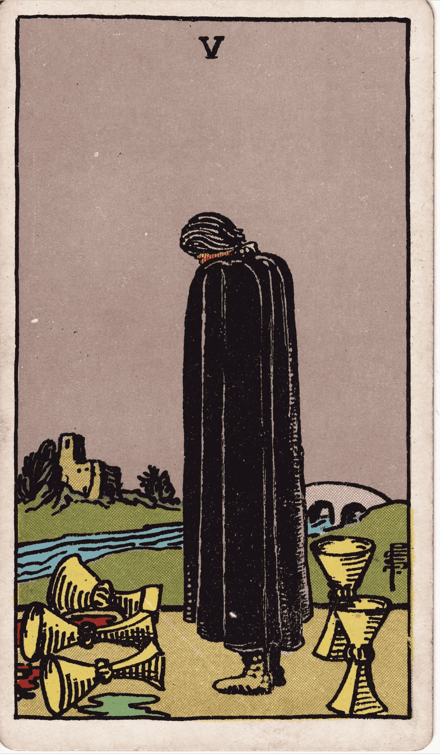 The Five of Cups from the 1909 Rider-Waite-Smith deck: a figure in a black cloak bows his head over three spilled cups, while two upright cups stand behind him and a bridge leads across a river to a small castle
