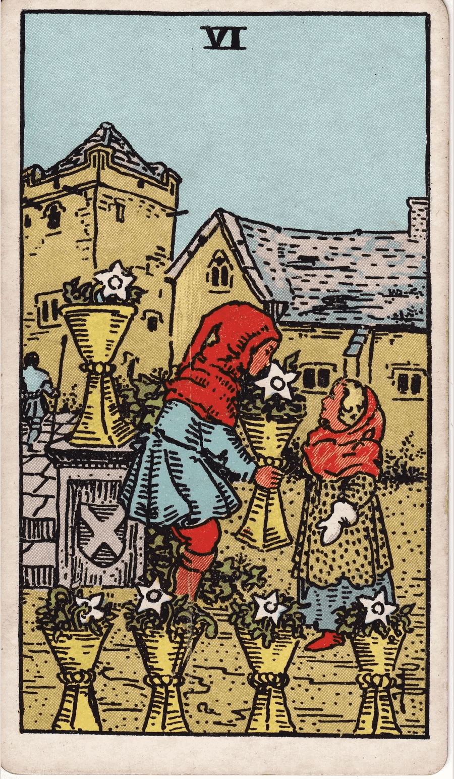 The Six of Cups from the 1909 Rider-Waite-Smith deck: a boy hands a cup filled with white flowers to a smaller girl in an old courtyard, with more cups of flowers standing around them