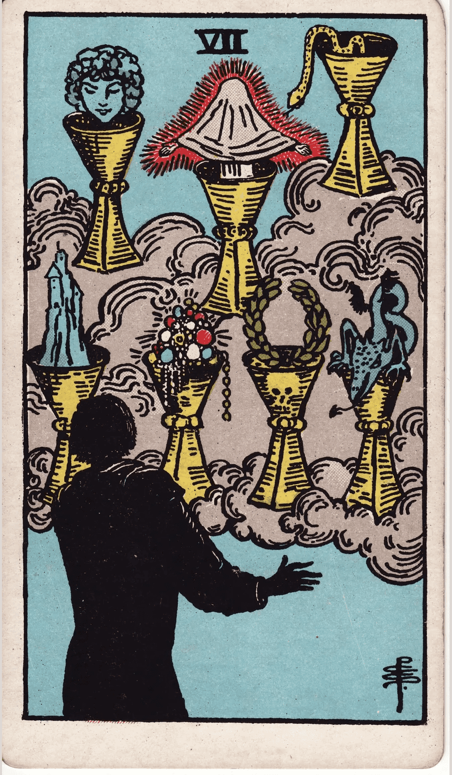 The Seven of Cups from the 1909 Rider-Waite-Smith deck: a dark figure seen from behind faces seven cups floating in clouds, filled with a head, a veiled glowing figure, a snake, a castle, jewels, a laurel wreath and a dragon