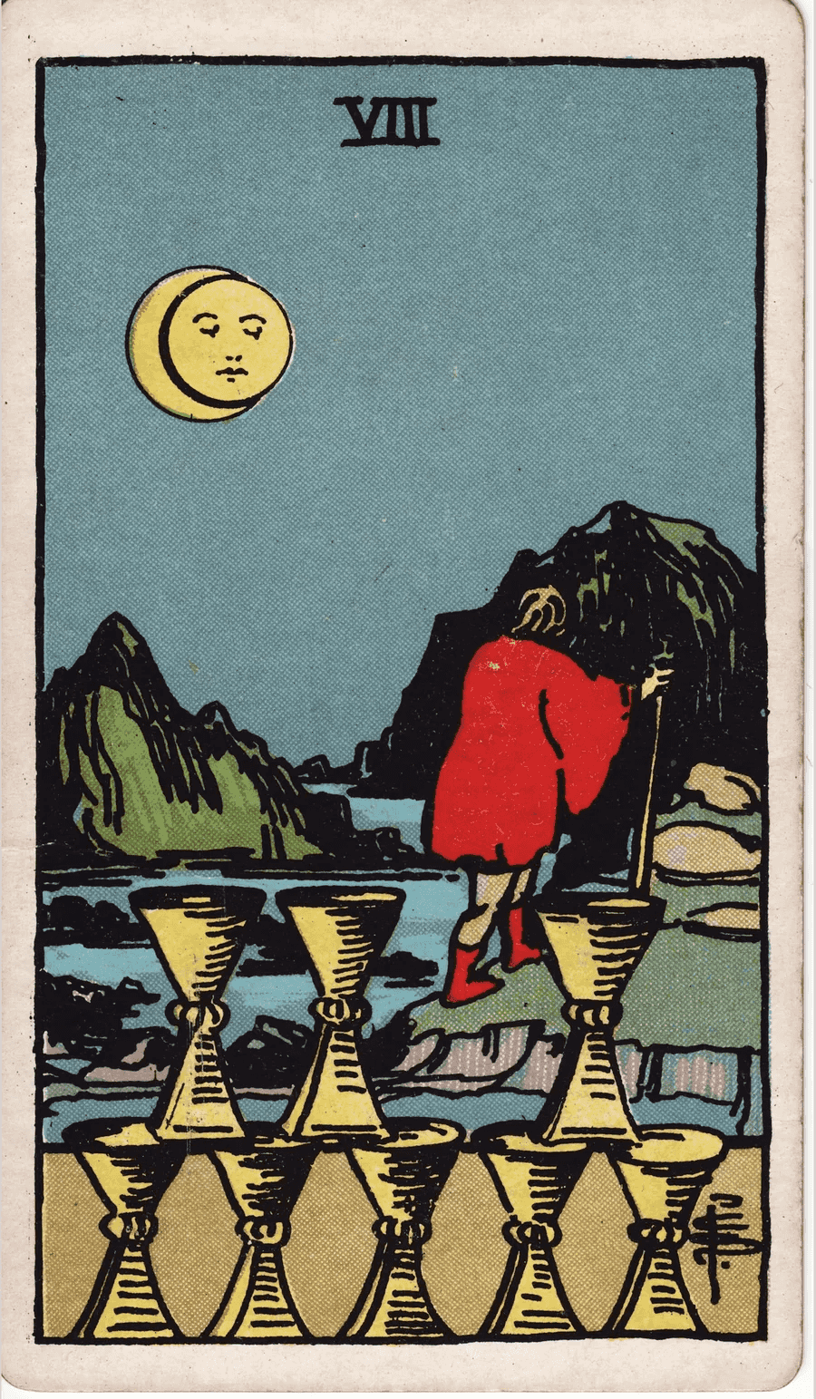 The Eight of Cups from the 1909 Rider-Waite-Smith deck: a cloaked figure with a staff walks away from eight stacked cups toward rocky hills under a moon with a face