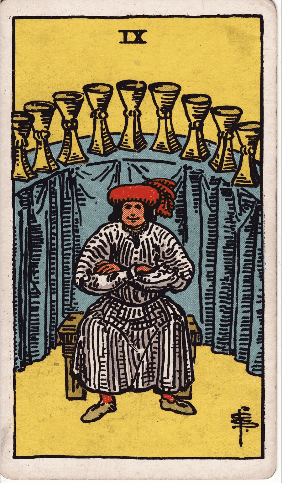 The Nine of Cups from the 1909 Rider-Waite-Smith deck: a smiling man in a red cap sits on a bench with his arms crossed, in front of a curved shelf with nine golden cups covered by a blue cloth