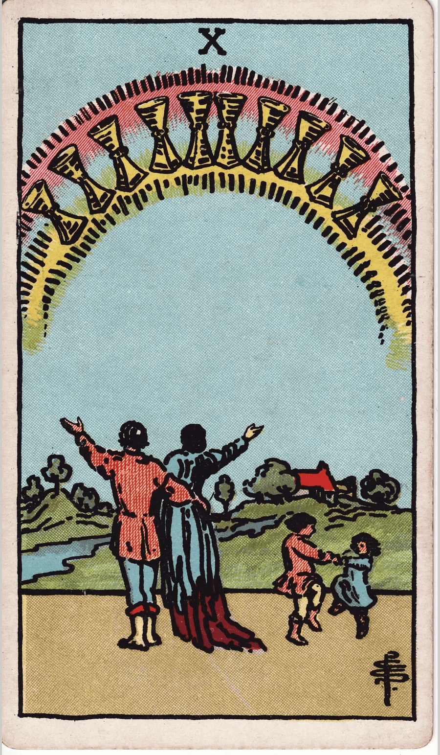 The Ten of Cups from the 1909 Rider-Waite-Smith deck: a couple raises their arms toward ten cups in a rainbow while two children dance beside them, with a house and river in the background