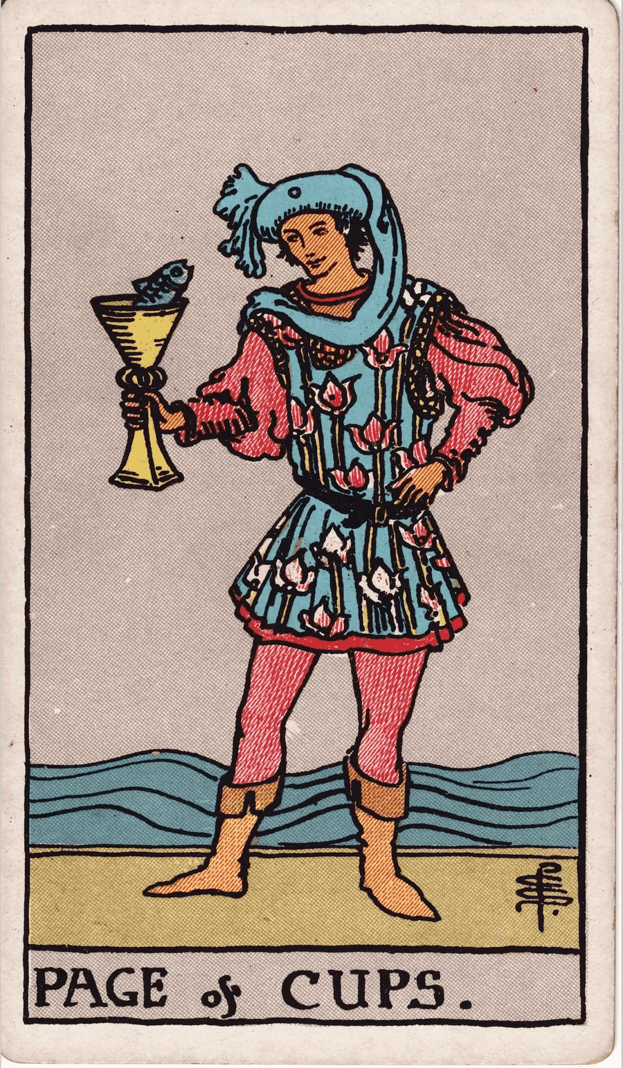 The Page of Cups from the 1909 Rider-Waite-Smith deck: a young person in a blue tunic with lotus flowers and a soft blue hat holds a cup from which a small fish looks out, standing in front of a gentle sea
