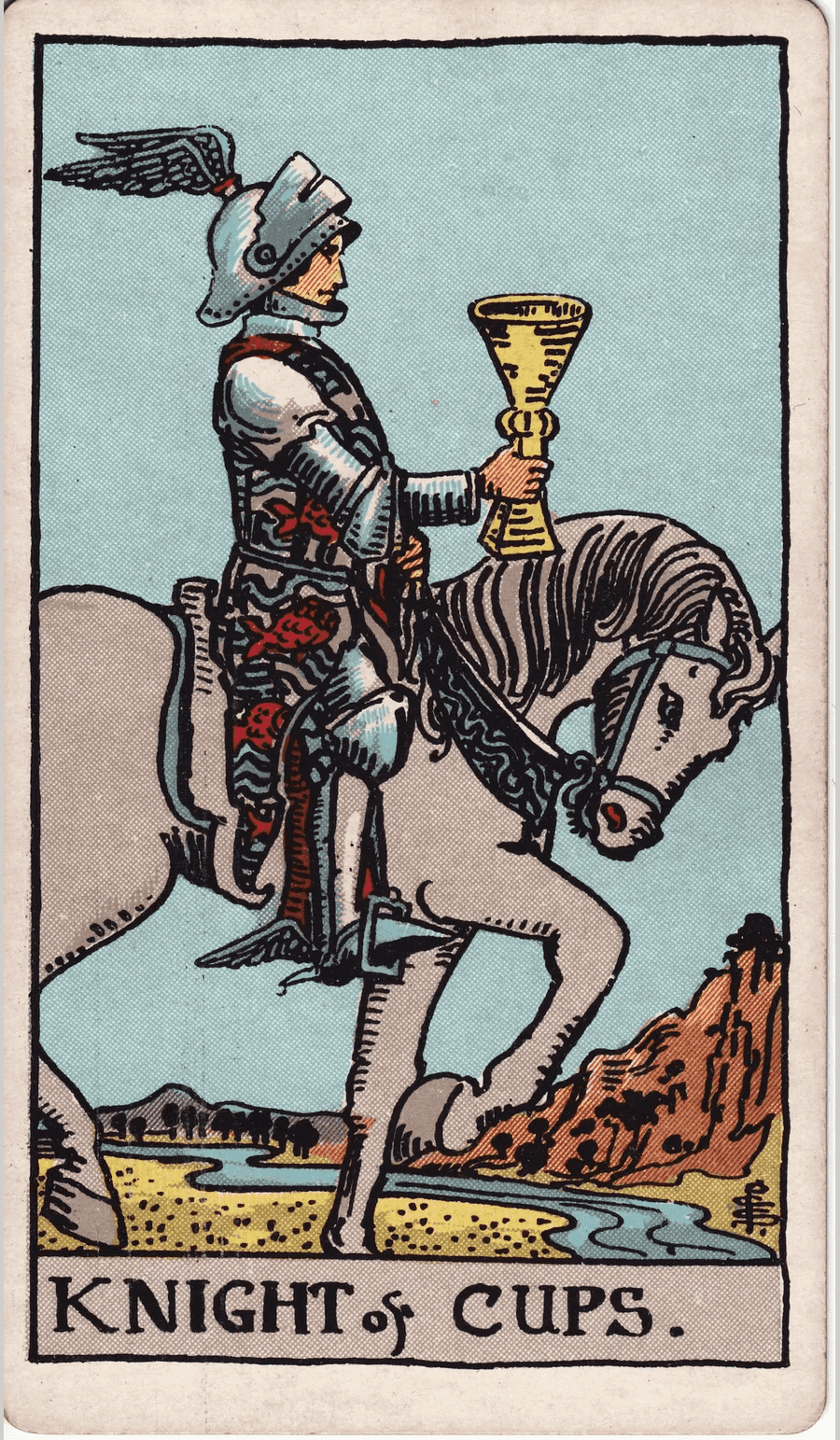 The Knight of Cups from the 1909 Rider-Waite-Smith deck: a knight with a winged helmet rides a white horse slowly toward a stream, holding out a golden cup in front of him