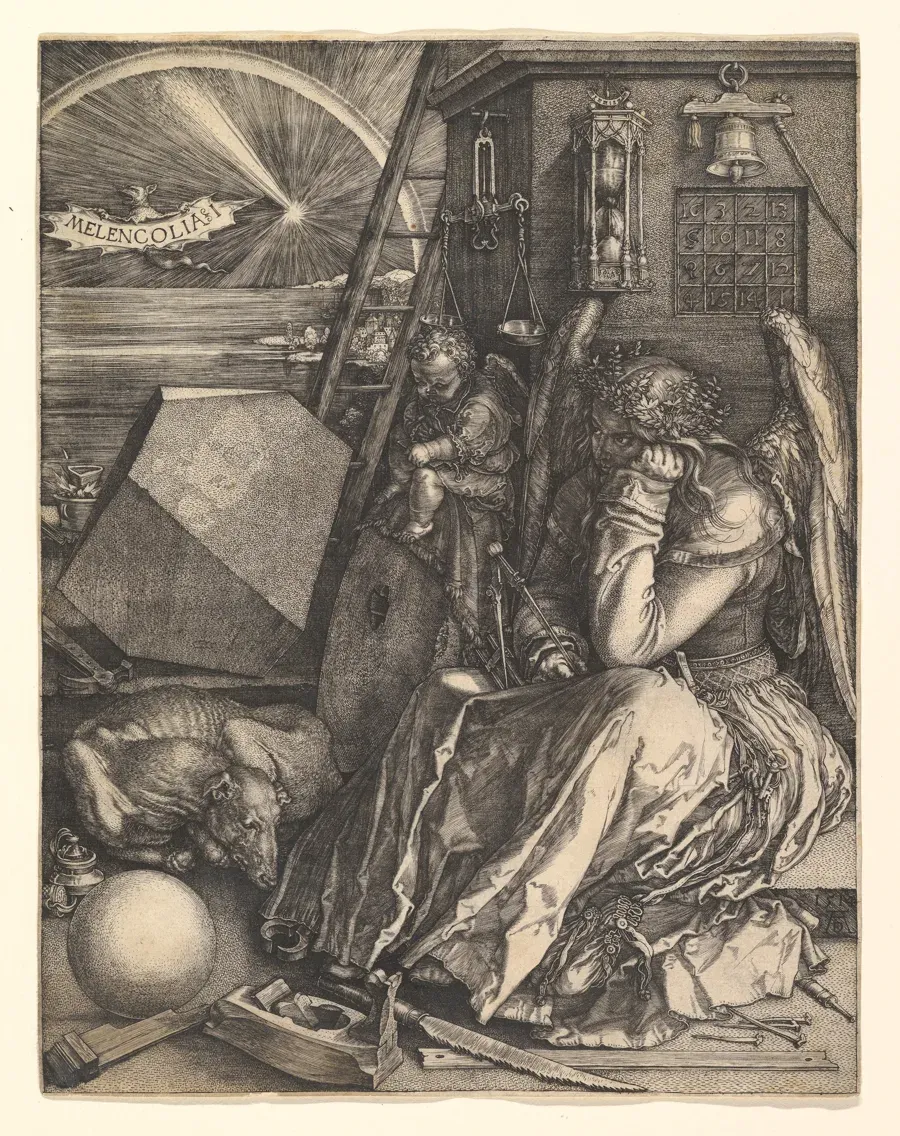 Engraving of a brooding winged figure seated among tools, a polyhedron and a magic square