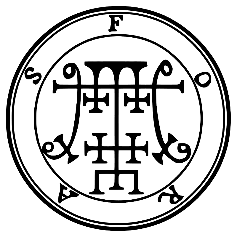 The seal of Foras from the 1904 Goetia, a circular sigil drawn in black lines inside a double ring
