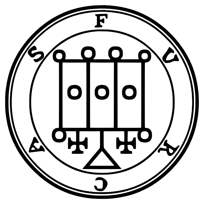 The seal of Furcas from the 1904 Goetia, a circular sigil drawn in black lines inside a double ring