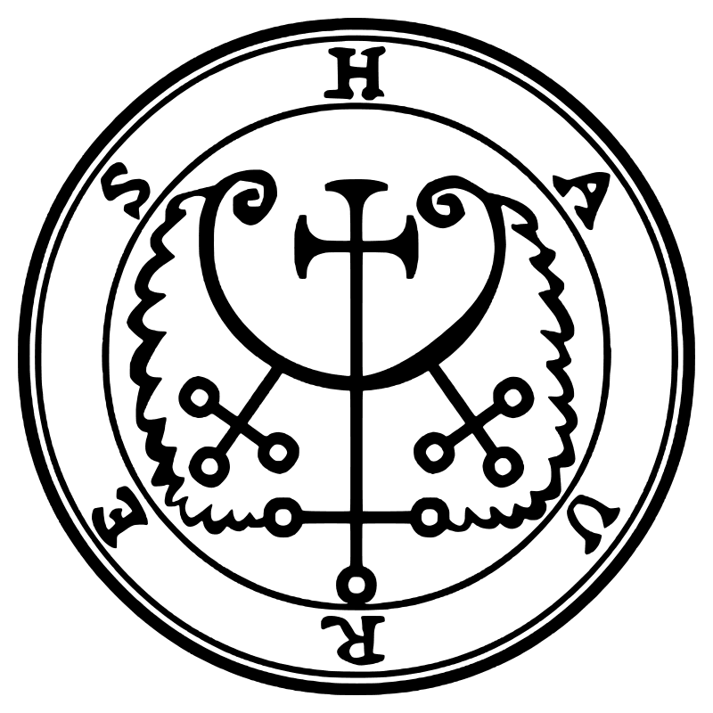 The seal of Haures from the 1904 Goetia, a circular sigil drawn in black lines inside a double ring