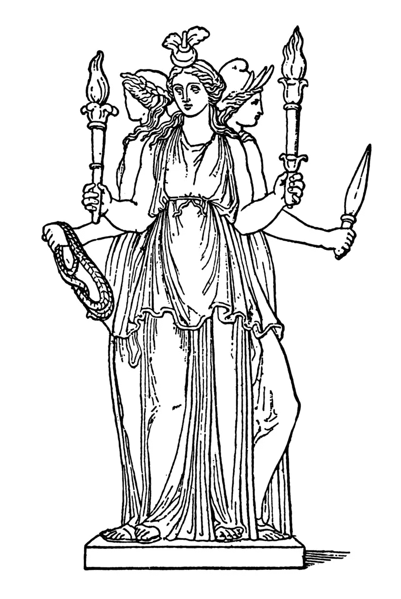 Engraving of a triple statue of Hecate from the Capitoline Museums in Rome: three robed figures back to back, holding torches, a key and a rope