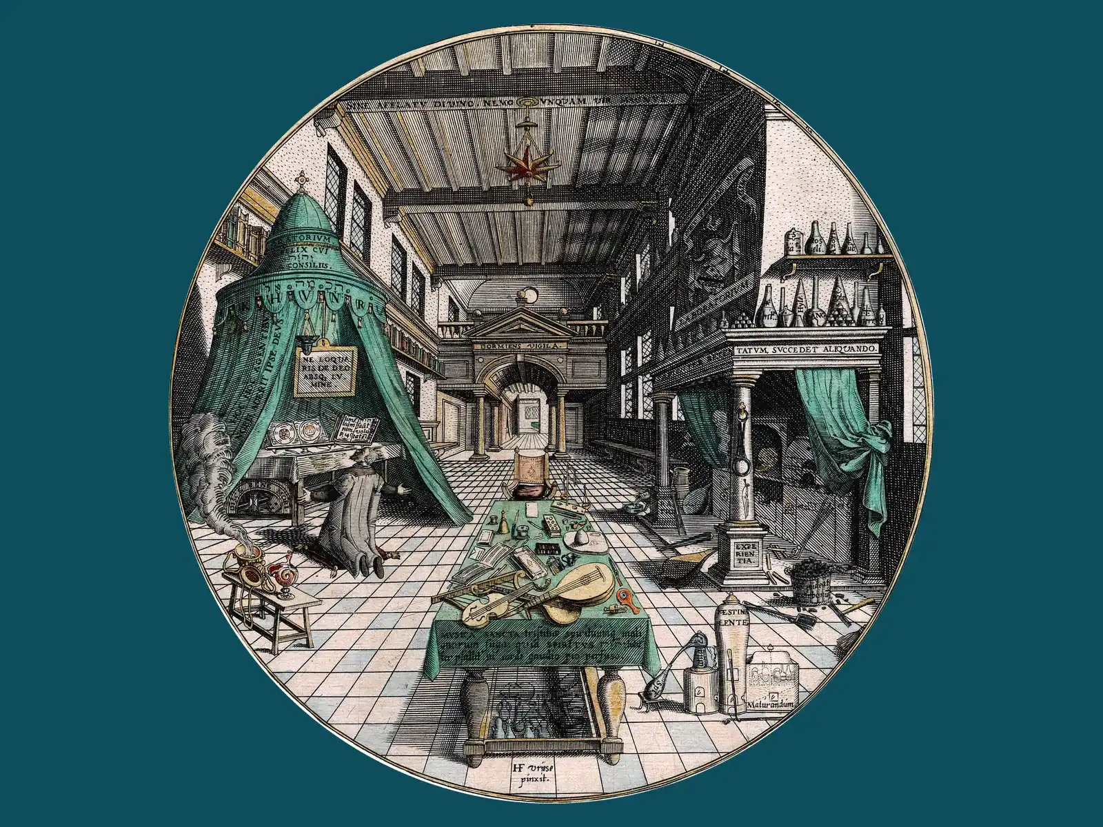 A round hand-coloured engraving of an alchemist's laboratory: a man kneels in prayer in a green tent beside a table of instruments, with furnaces and flasks behind