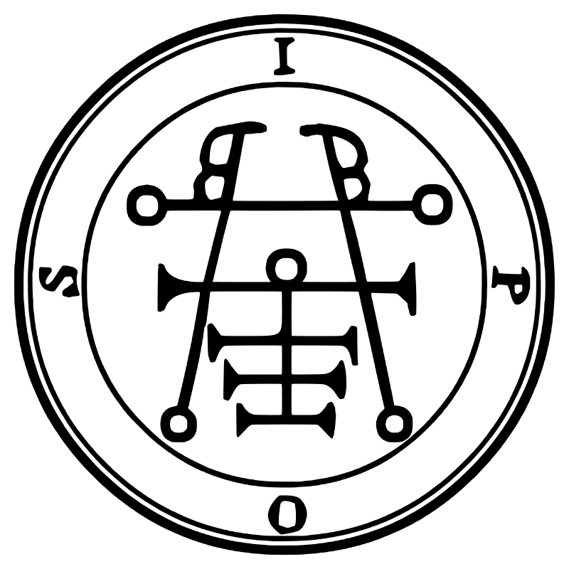 The seal of Ipos from the 1904 Goetia, a circular sigil drawn in black lines inside a double ring
