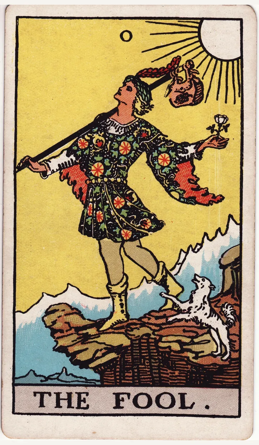 A young traveler in a flowered tunic steps toward a cliff edge, a white rose in one hand and a small bag on a staff over his shoulder, a white dog at his heels