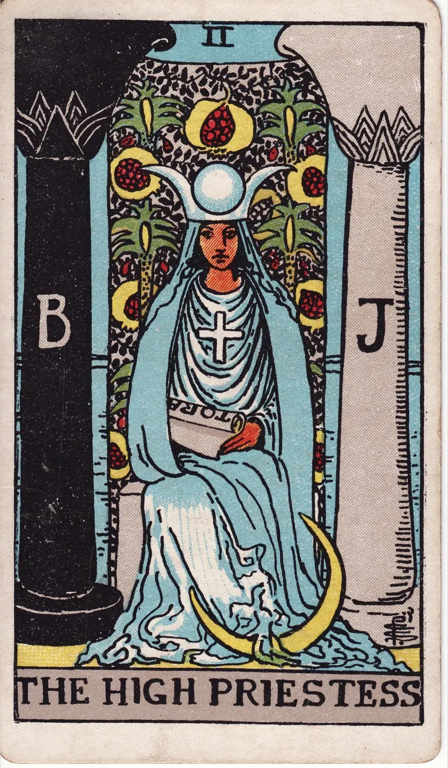 A woman in blue robes sits between a black pillar marked B and a white pillar marked J, a scroll marked TORA in her lap and a crescent moon at her feet
