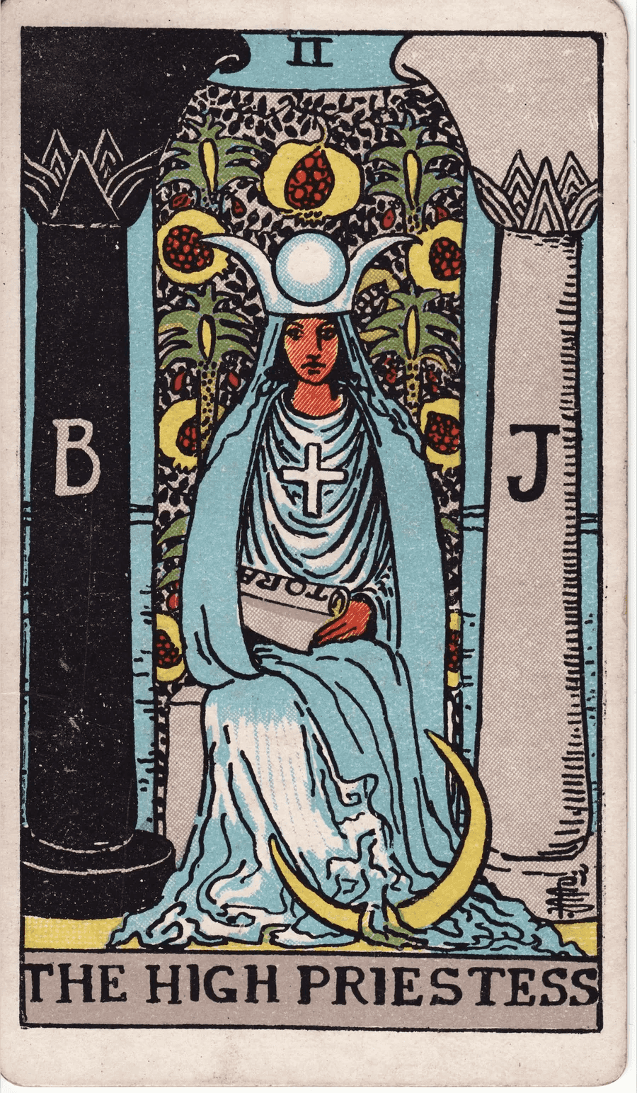 The High Priestess, Rider-Waite-Smith tarot, 1909: a seated figure between two pillars holds a scroll