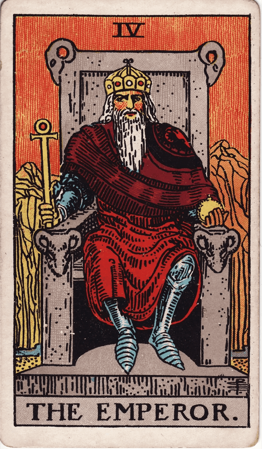 The Emperor card from the 1909 Rider-Waite-Smith deck: a bearded ruler in red robes over armor sits on a stone throne carved with rams heads, holding an ankh scepter and an orb, with bare mountains behind