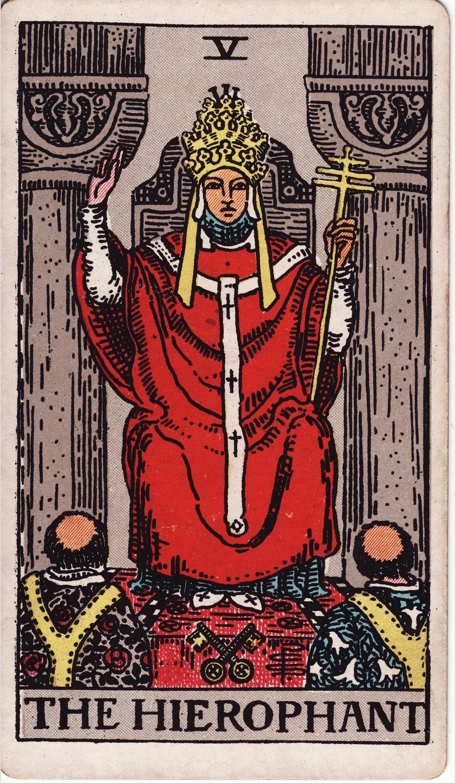 A religious figure in red robes and a triple crown raises his hand in blessing between two pillars, two kneeling figures before him and crossed keys at his feet