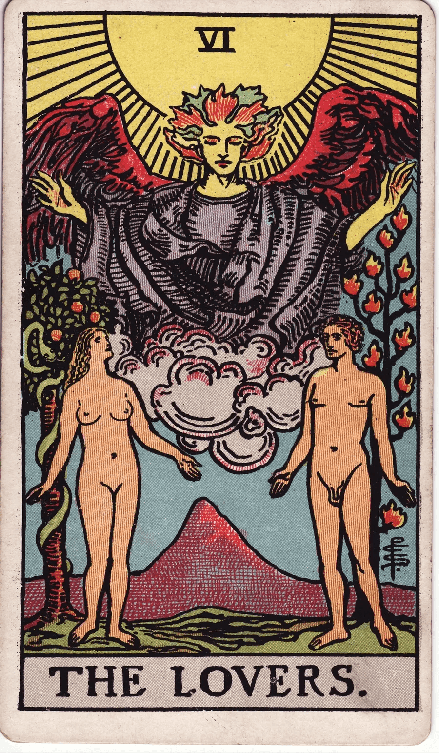 The Lovers card from the 1909 Rider-Waite-Smith deck: an angel in the sun spreads its wings above a man and a woman standing unclothed in a garden, a tree of flames behind him and a fruit tree with a serpent behind her