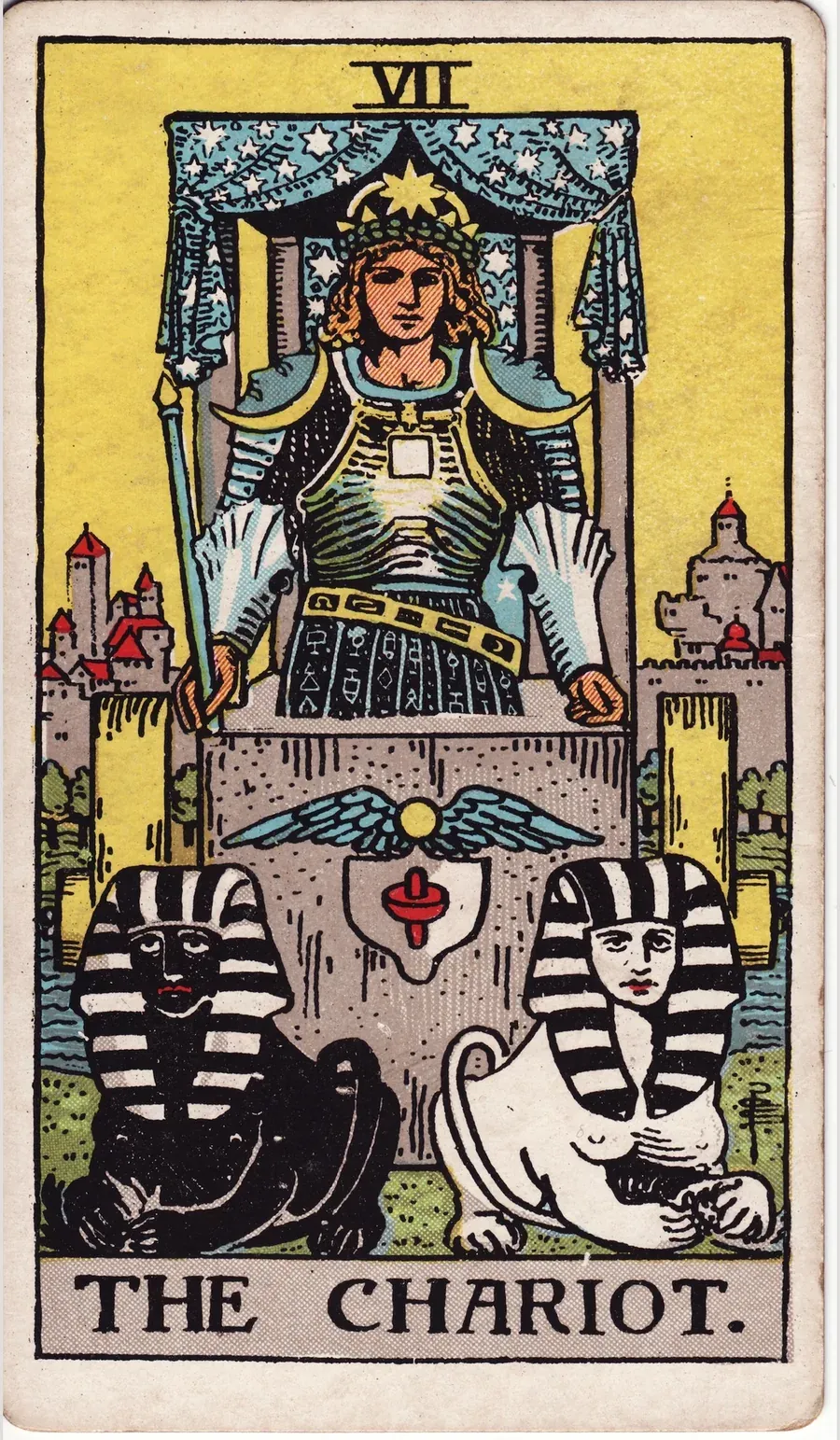 An armored young man stands in a chariot under a starry canopy, a black sphinx and a white sphinx lying in front of it, a walled city behind