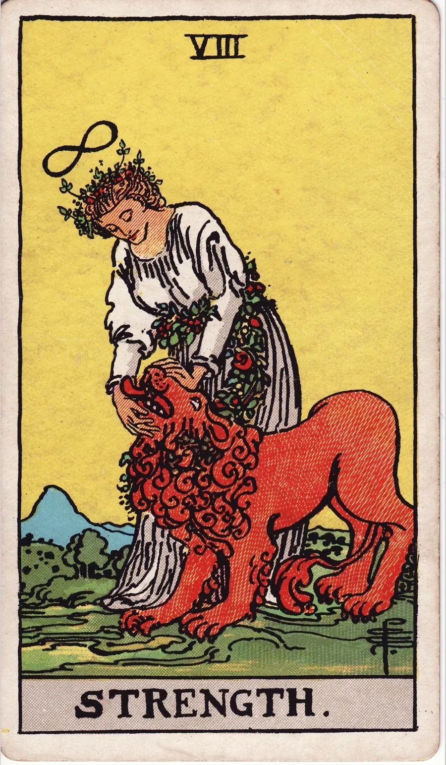 A woman in white with a garland of flowers gently closes the jaws of a lion, the infinity sign above her head