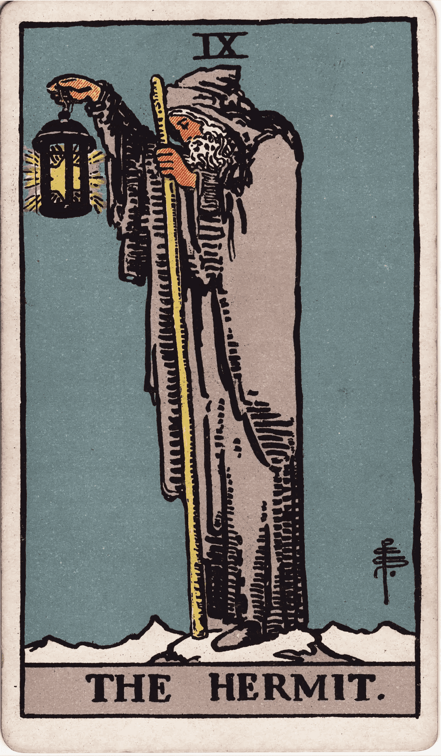 The Hermit card from the 1909 Rider-Waite-Smith deck: an old man in a gray cloak stands on a snowy peak holding up a lantern with a six-pointed star and a tall staff