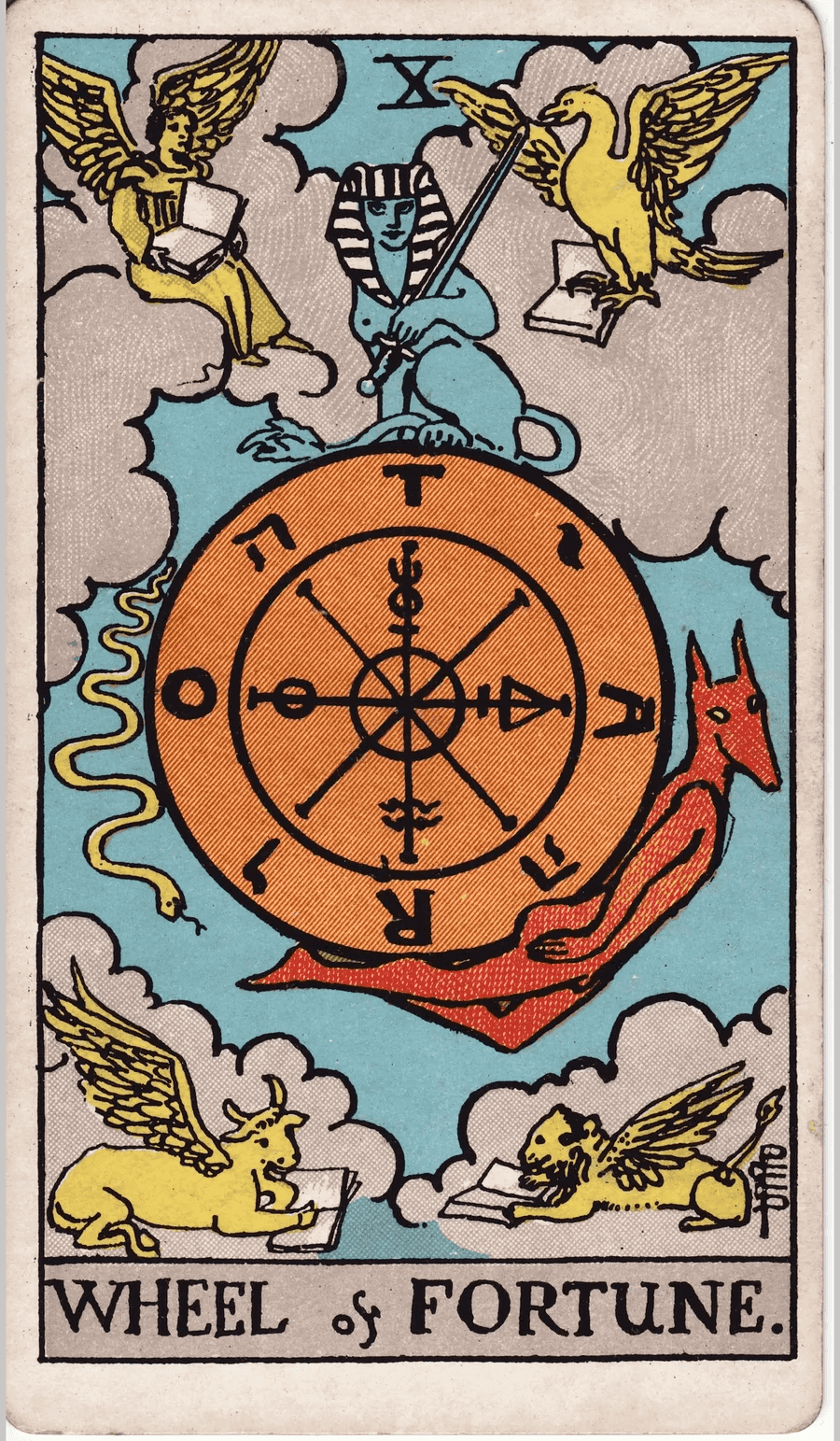 The Wheel of Fortune card from the 1909 Rider-Waite-Smith deck: a great wheel marked with letters floats in the sky, with a sphinx on top, a snake and a jackal-headed figure on its sides, and four winged creatures reading books in the corners