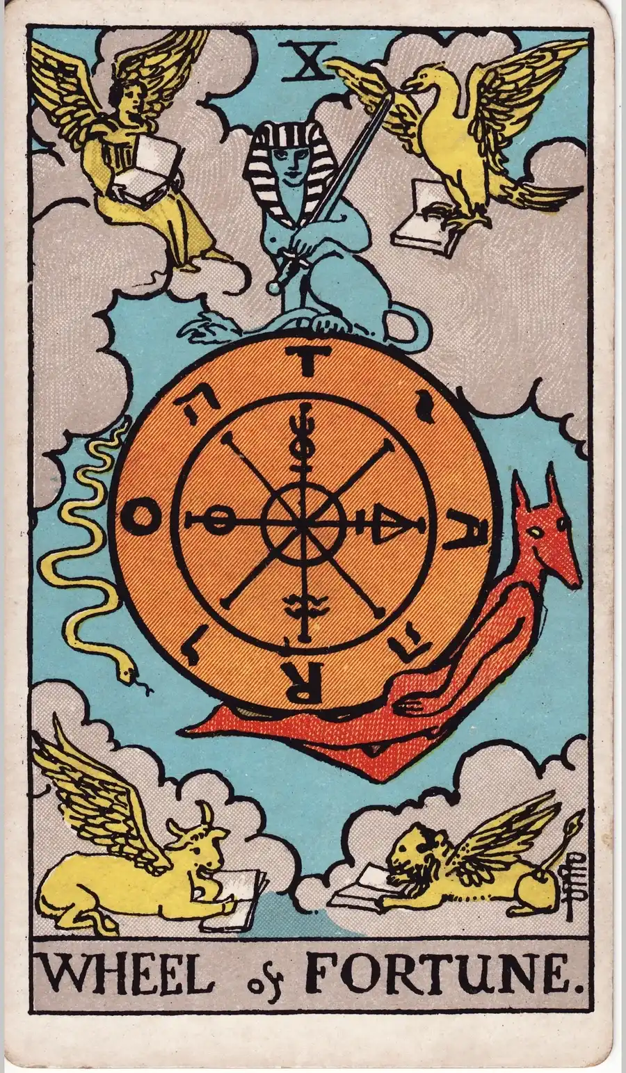 The Wheel of Fortune card from the 1909 Rider-Waite-Smith deck: a great wheel marked with letters floats in the sky, with a sphinx on top, a snake and a jackal-headed figure on its sides, and four winged creatures reading books in the corners