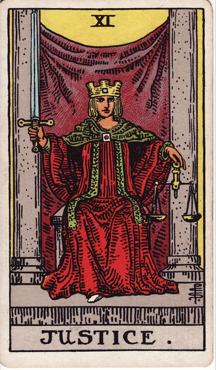 A crowned figure in red sits between two pillars holding an upright sword in one hand and scales in the other