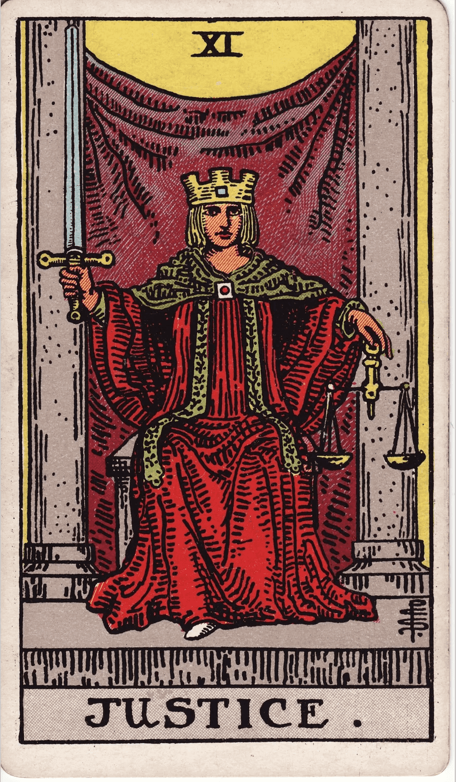 The Justice card from the 1909 Rider-Waite-Smith deck: a crowned figure in a red robe sits between two pillars holding upright scales in one hand and a raised sword in the other