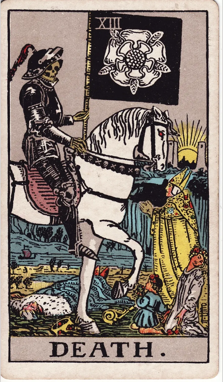 A skeleton in black armor rides a white horse and carries a black banner with a white rose, while a king lies fallen and others kneel, with a sun rising between two towers
