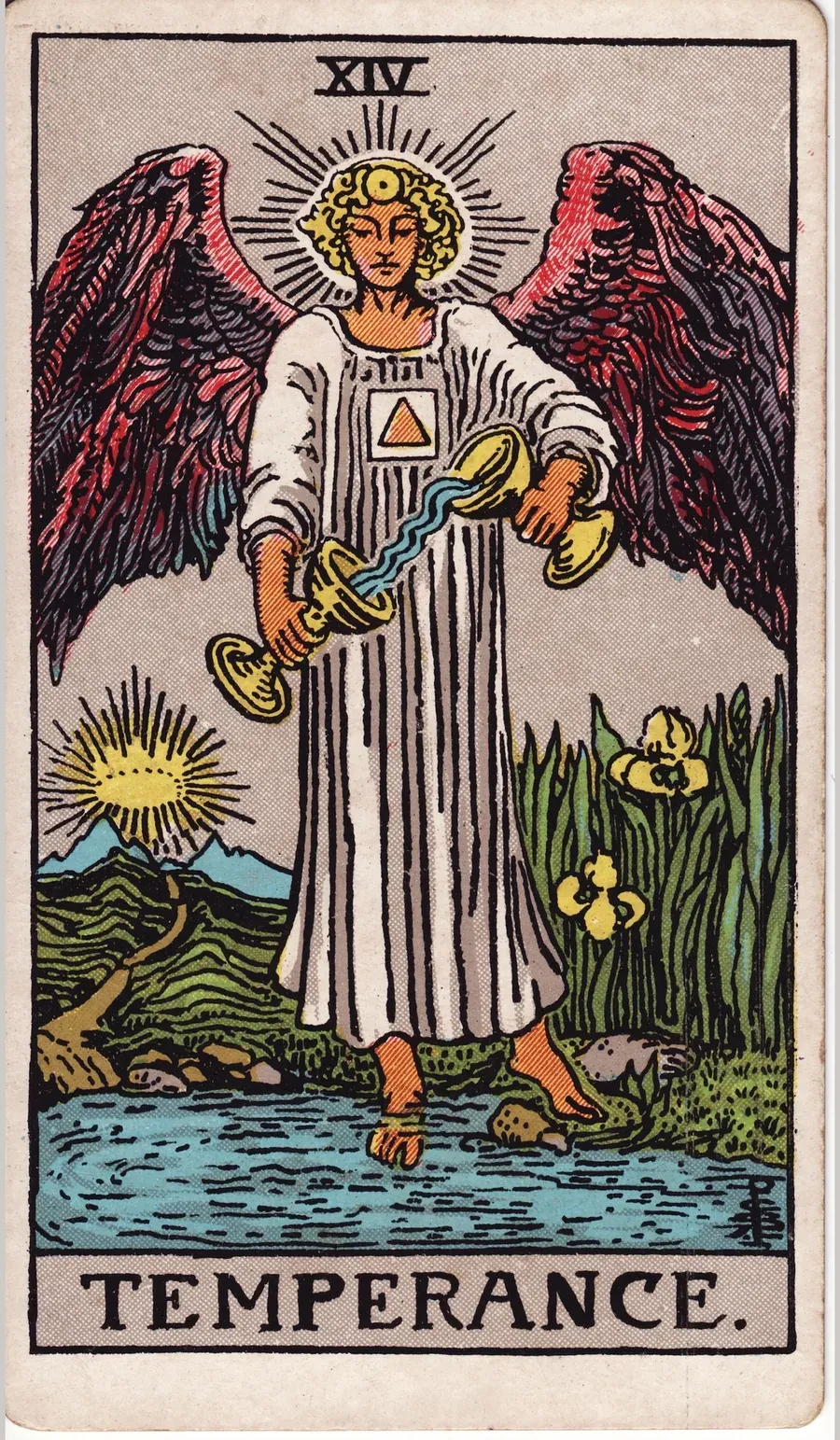 A winged angel in white stands with one foot on land and one in a pool, pouring liquid between two cups, a path leading to a crown of light in the distance