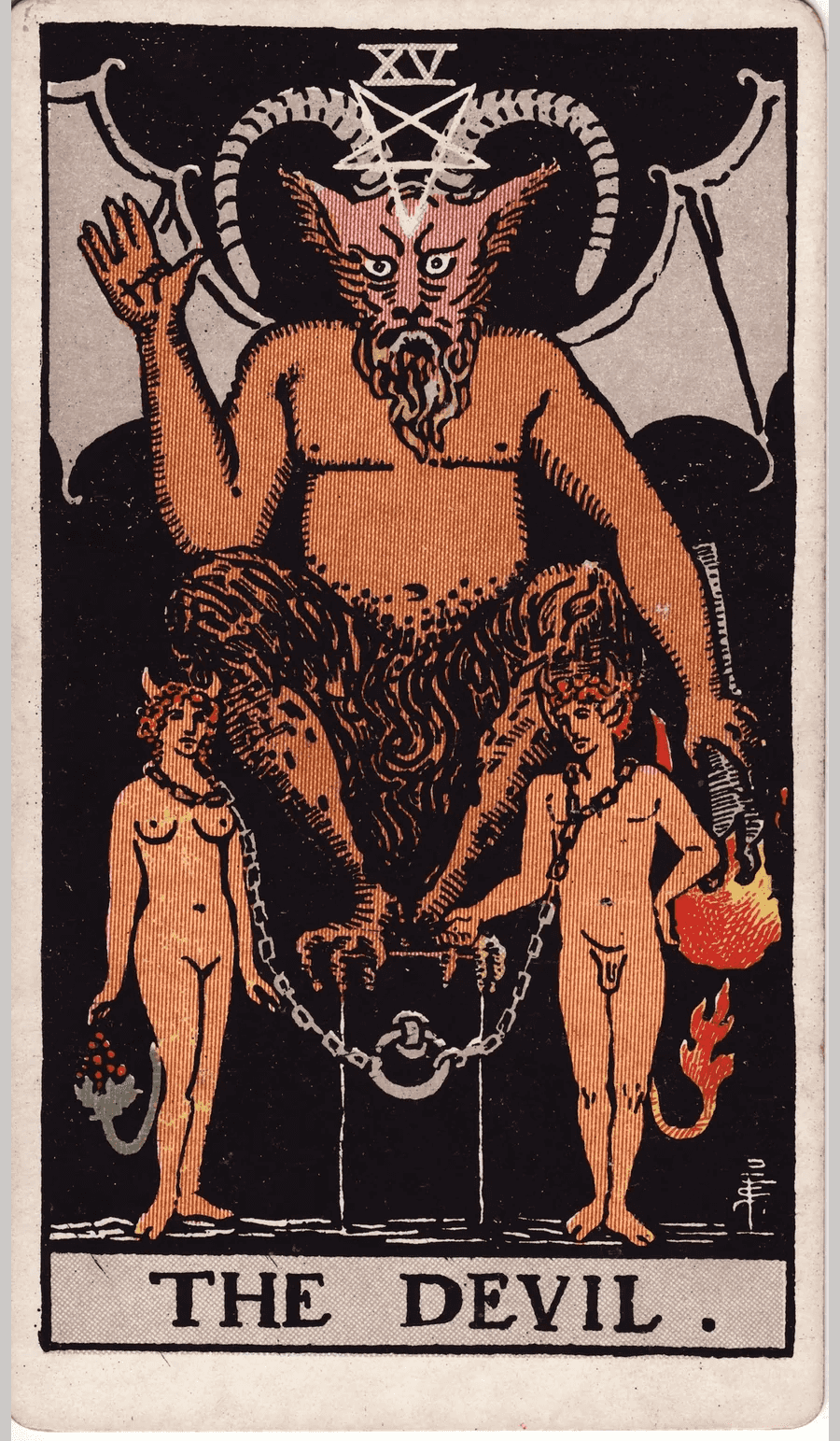 The Devil card from the 1909 Rider-Waite-Smith deck: a horned figure with bat wings sits on a dark block holding a lowered torch, while an unclothed man and woman with small horns and tails stand chained below