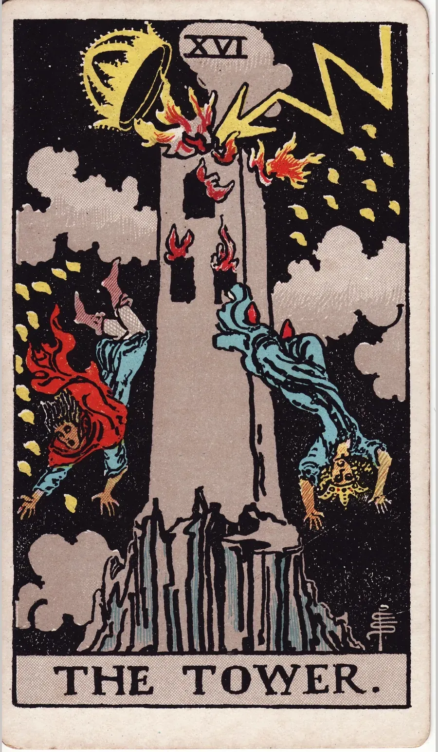 Lightning strikes a tall tower on a rocky peak, knocking off its crown, while flames burst from the windows and two figures fall through the dark sky