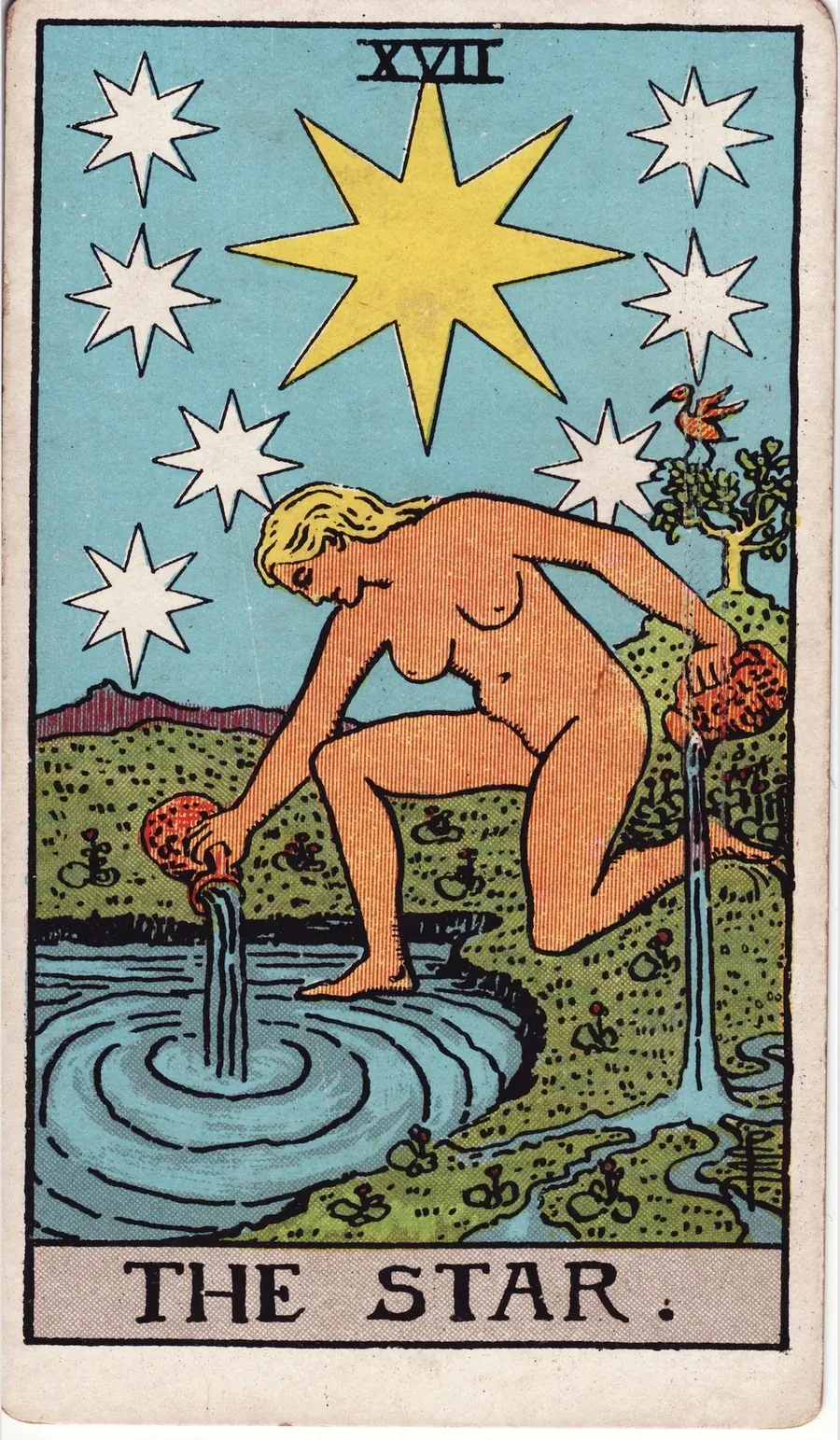 The Star card from the 1909 Rider-Waite-Smith deck: an unclothed woman kneels by a pool and pours water from two jugs, one into the pool and one onto the land, under a large eight-pointed star and seven smaller stars