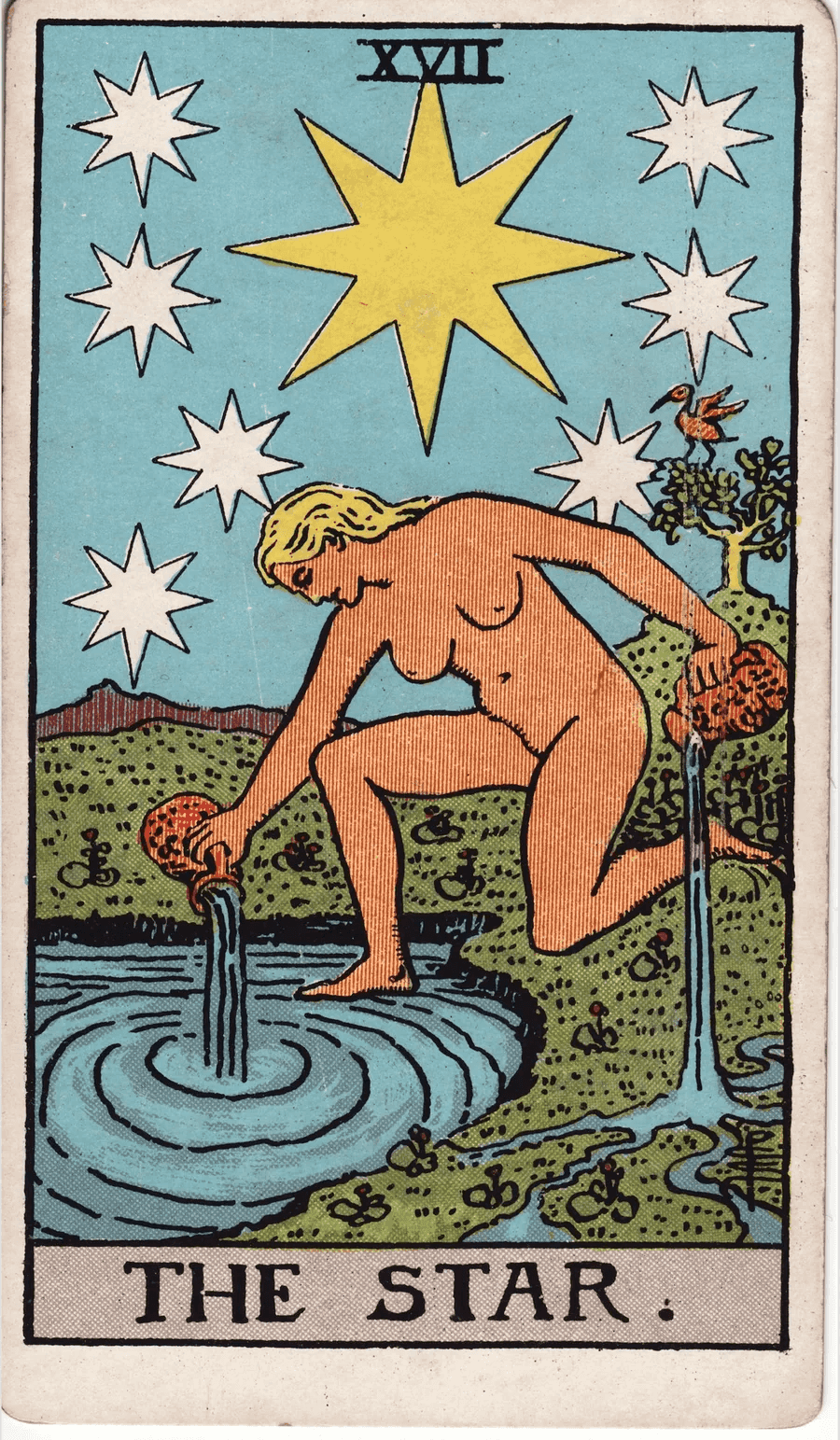 The Star card from the 1909 Rider-Waite-Smith deck: an unclothed woman kneels by a pool and pours water from two jugs, one into the pool and one onto the land, under a large eight-pointed star and seven smaller stars